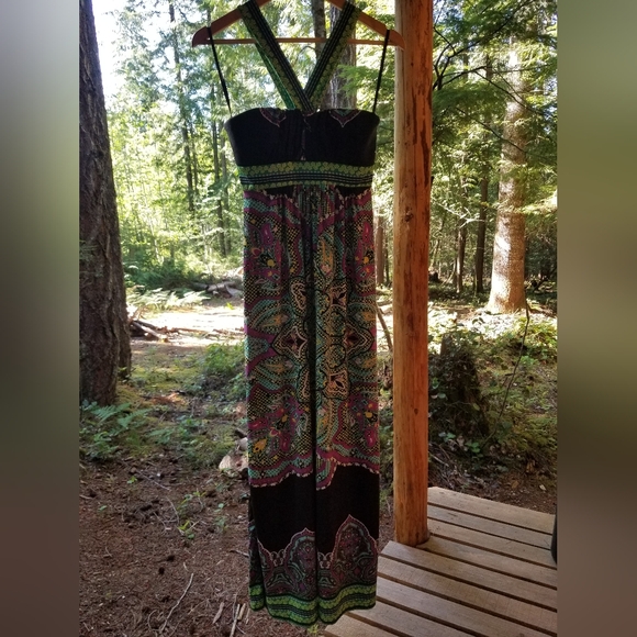 Maxi Aztec Dress Alyn Paige medium ladies Colorful Black Blue Long V neck open - Picture 1 of 13
